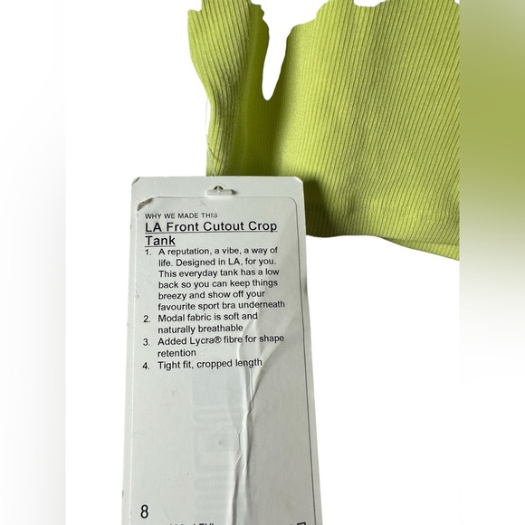 Lululemon LA Front Cut-Out Crop Tank Top Lemon Vibe Size 8 - Picture 7 of 9